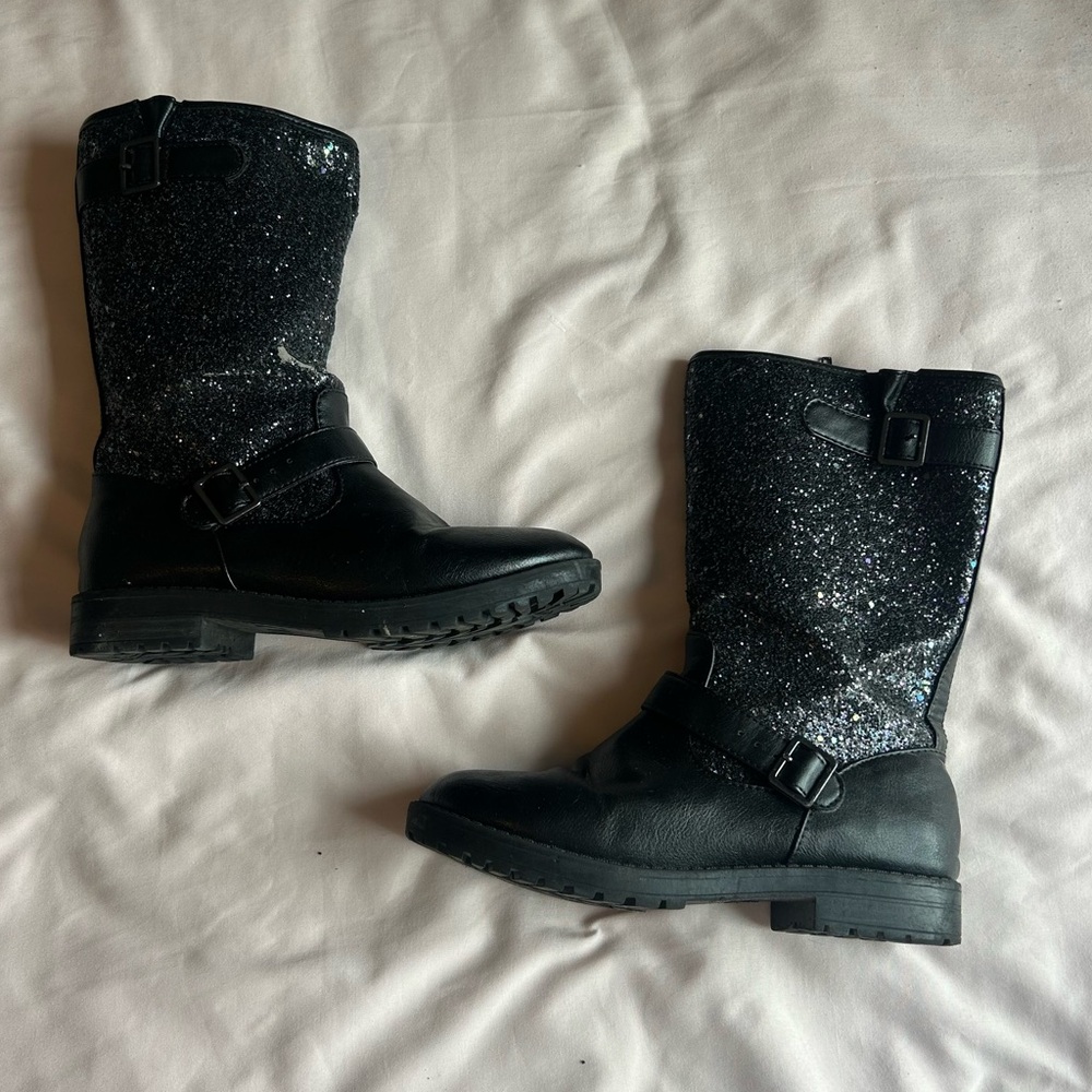 Black Glitter Buckle Boots - Girls Size 4